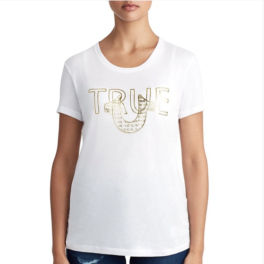 True Religion Soft White & Gold ‘True’ Tee, SZ Large - New with Tag!